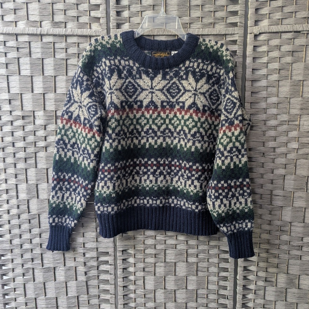 Vtg Eddie Bauer Sweater Navy Blue Fair Isle Ragg Wool Crewneck Sz M Heritage